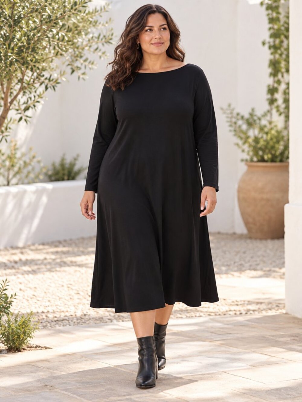 Eileen Fisher Woman Black Boat Neck Long Sleeve Midi Dress 2X